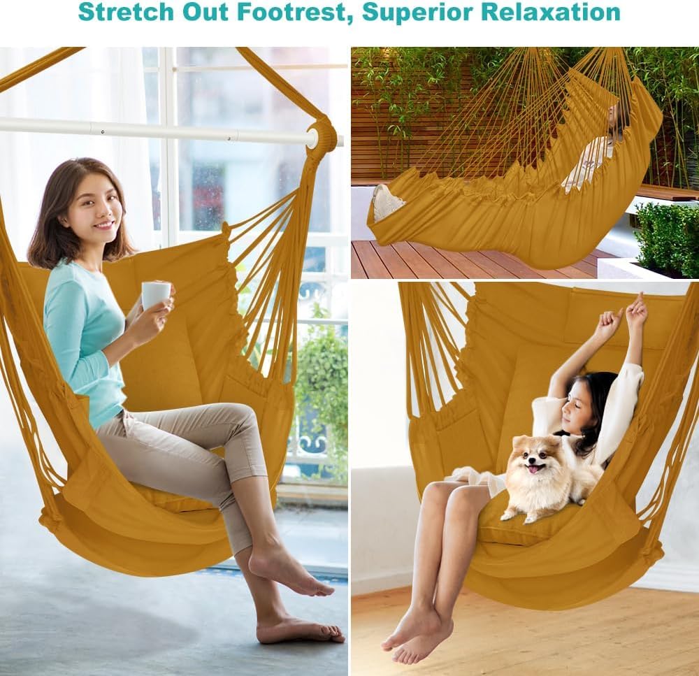 Outerman hammock chair in khaki color includes convenient pockets for essentials.