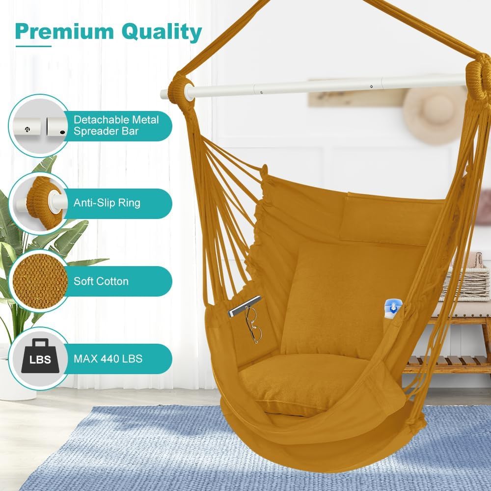 Outerman hammock chair’s 40-inch steel bar provides sturdy stability for up to 500 lbs.