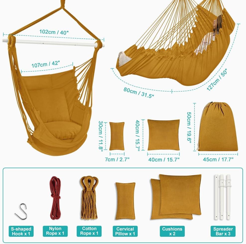 Outerman hammock chair with three cushions delivers plush seating and neck support.
