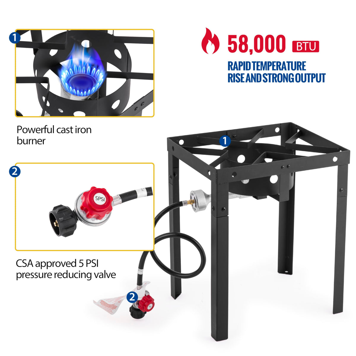 OuterMust cast-iron stove head delivers robust heat for quick frying.