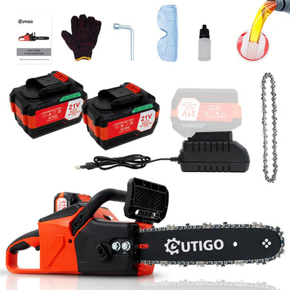 OUTIGO 12-inch cordless chainsaw cutting a branch for quick pruning