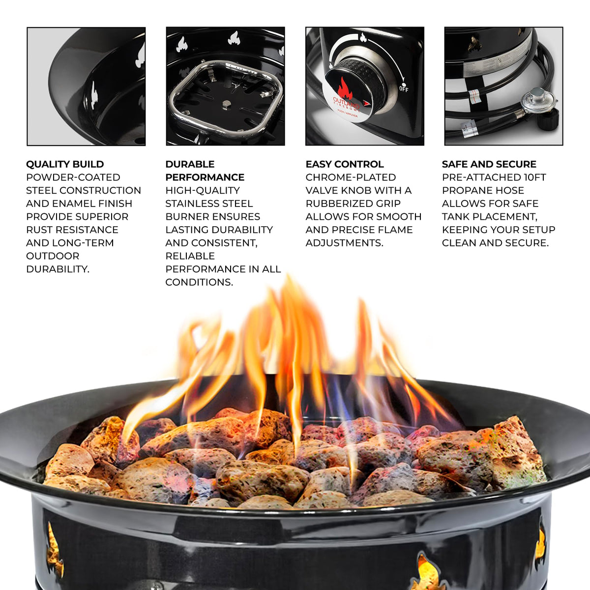 Outland Living firepit with hose and regulator for adjustable flame height.