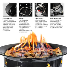 Outland Living firepit with hose and regulator for adjustable flame height.