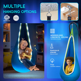 OUTREE blue pod swing hanging setup ready for easy installation.