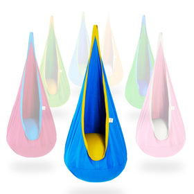 Outree Kids Pod Swing Seat blue-yellow close-up shows cozy fabric and safety edge