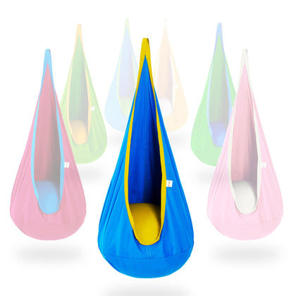 Outree Kids Pod Swing Seat blue-yellow close-up shows cozy fabric and safety edge