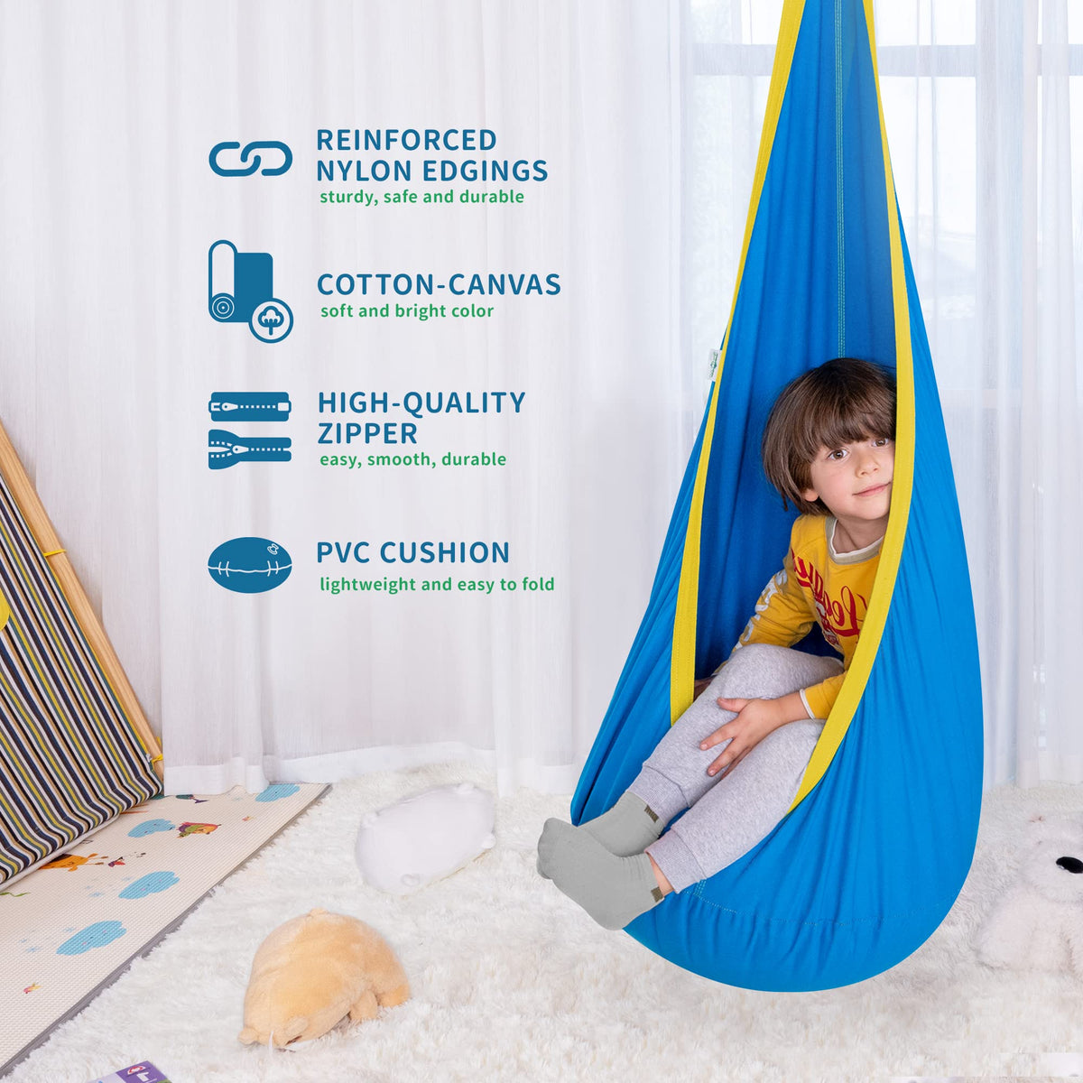 Outree Kids Pod Swing Seat indoors installation for a cozy reading nook