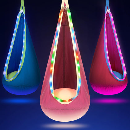 OUTREE Light Up Pod Swing Seat pink with LED glow for calming indoor play.