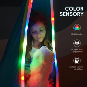 OUTREE sensory swing showing LED colors and two remote controls for ambience.