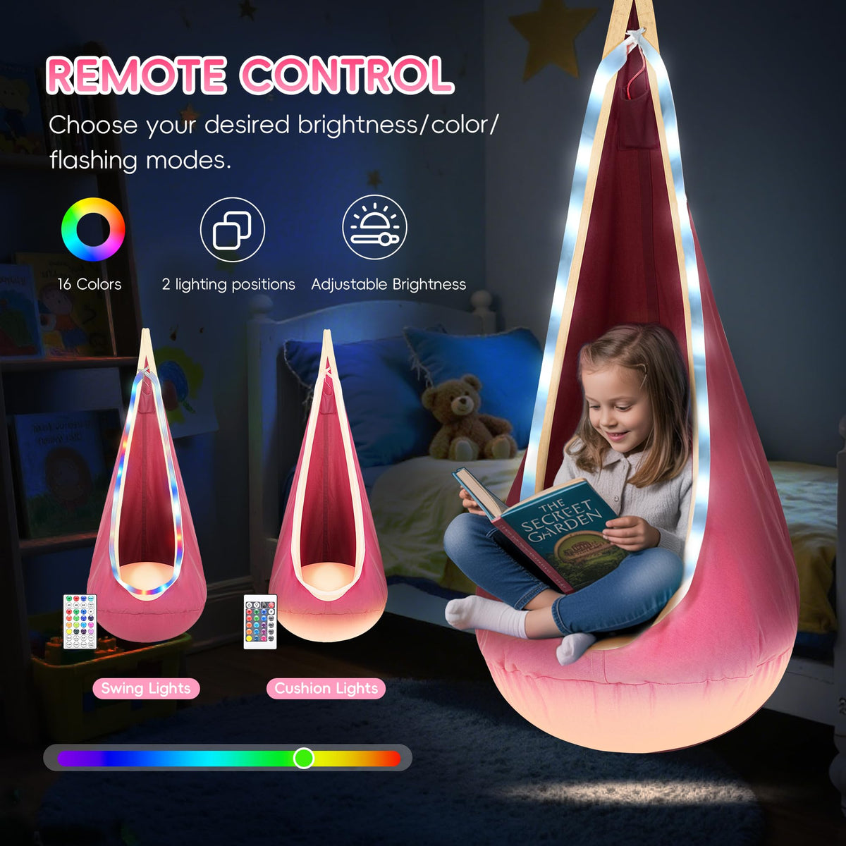 OUTREE sensory swing LED lights close-up for mood-enhancing ambience during calm moments.