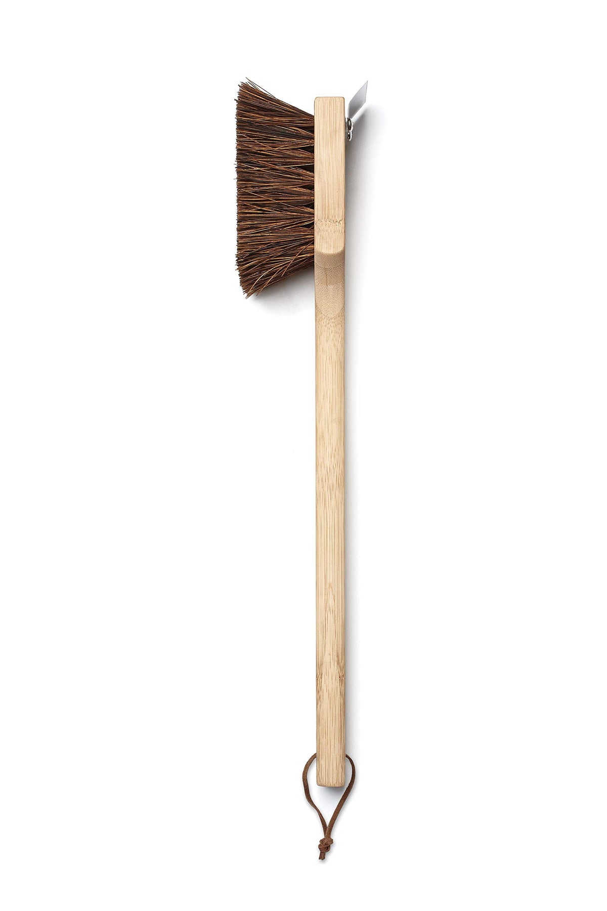 Outset bamboo grill scraper with natural Palmyra bristles ideal for post meal scrubbing.