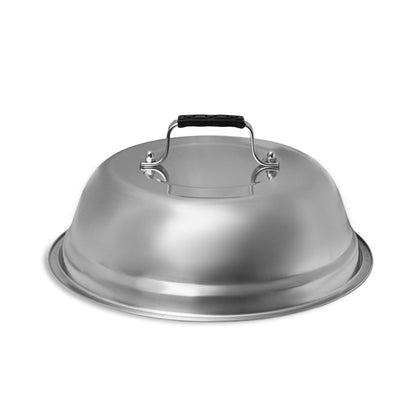 Outset cheese melting dome over grill speeds cheese melt for burgers.