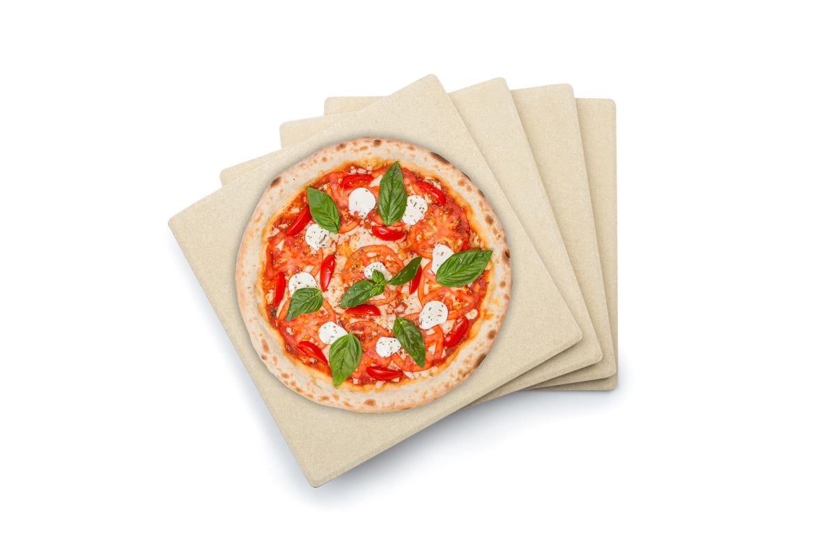 Outset pizza stone tiles set of 4 on a rack, enabling even crusts for personal pizzas