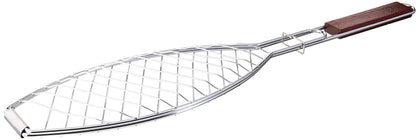 Outset QC70 fish grill basket with rosewood handle ready for grilling