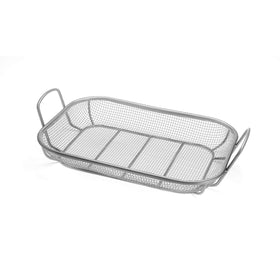 Outset stainless steel grill roasting basket on grill, front view, for even cooking