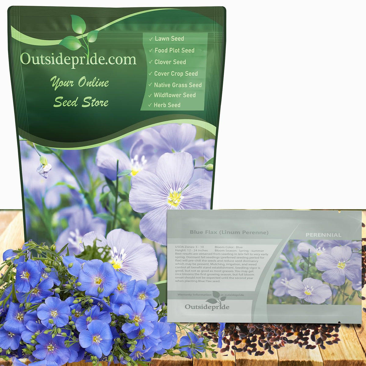 Outsidepride Blue Flax Seeds pack shot for border and meadow planting.