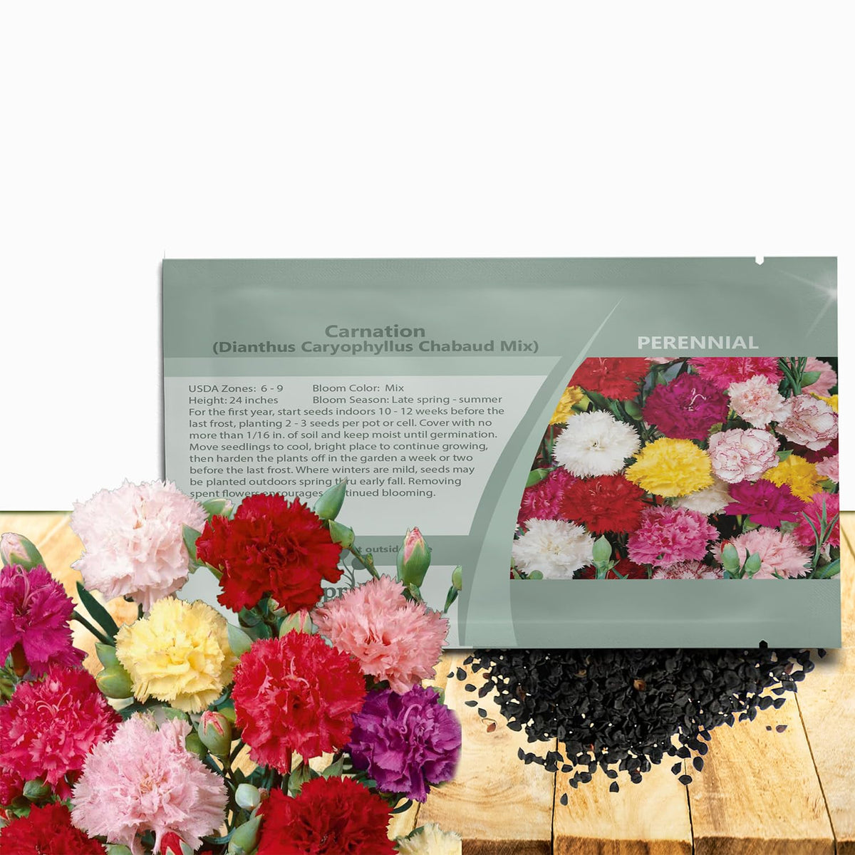 Outsidepride Chabaud Mix Carnation Seeds pack ready for planting in pollinator borders.