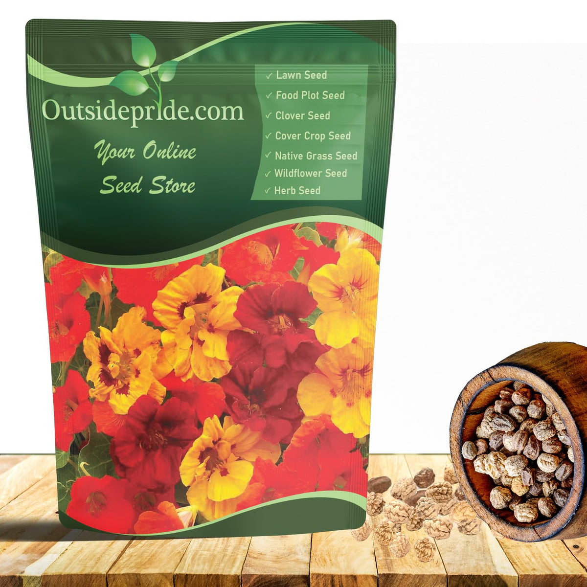 Outsidepride Jewel Mix nasturtium bloom close-up, vivid edible petals ideal for garden salads.