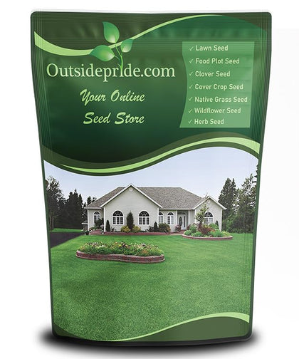 Outsidepride perennial buffalo grass seed bag showing heat and drought tolerance for lawns.