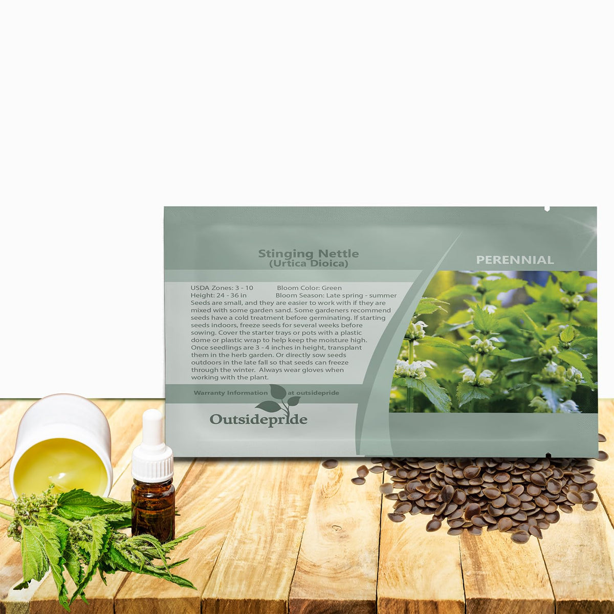 Outsidepride stinging nettle seeds pack shown for easy herb gardening and perennial growth.