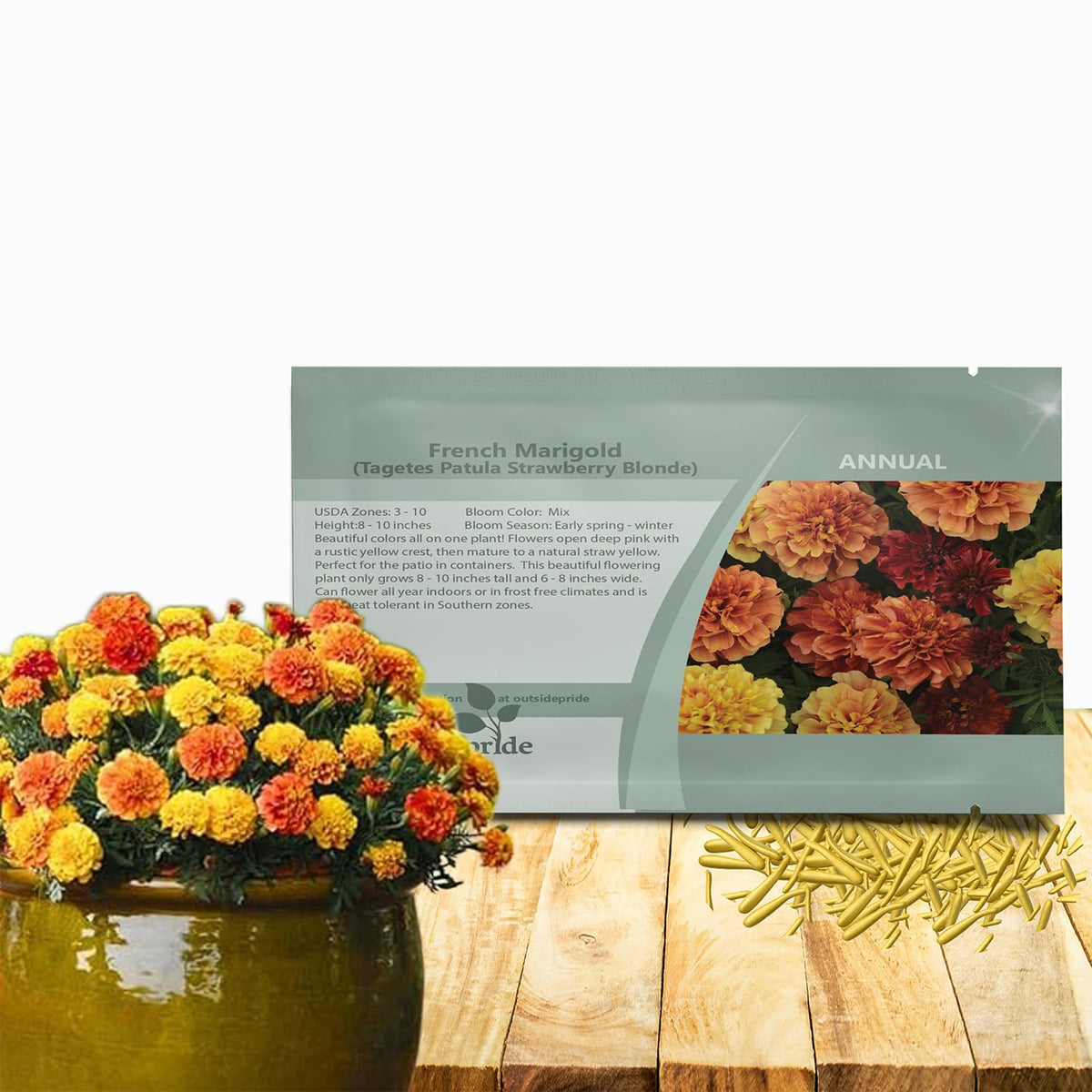 Outsidepride Strawberry Blonde French Marigold seeds front label show colorful seed mix for bright garden color