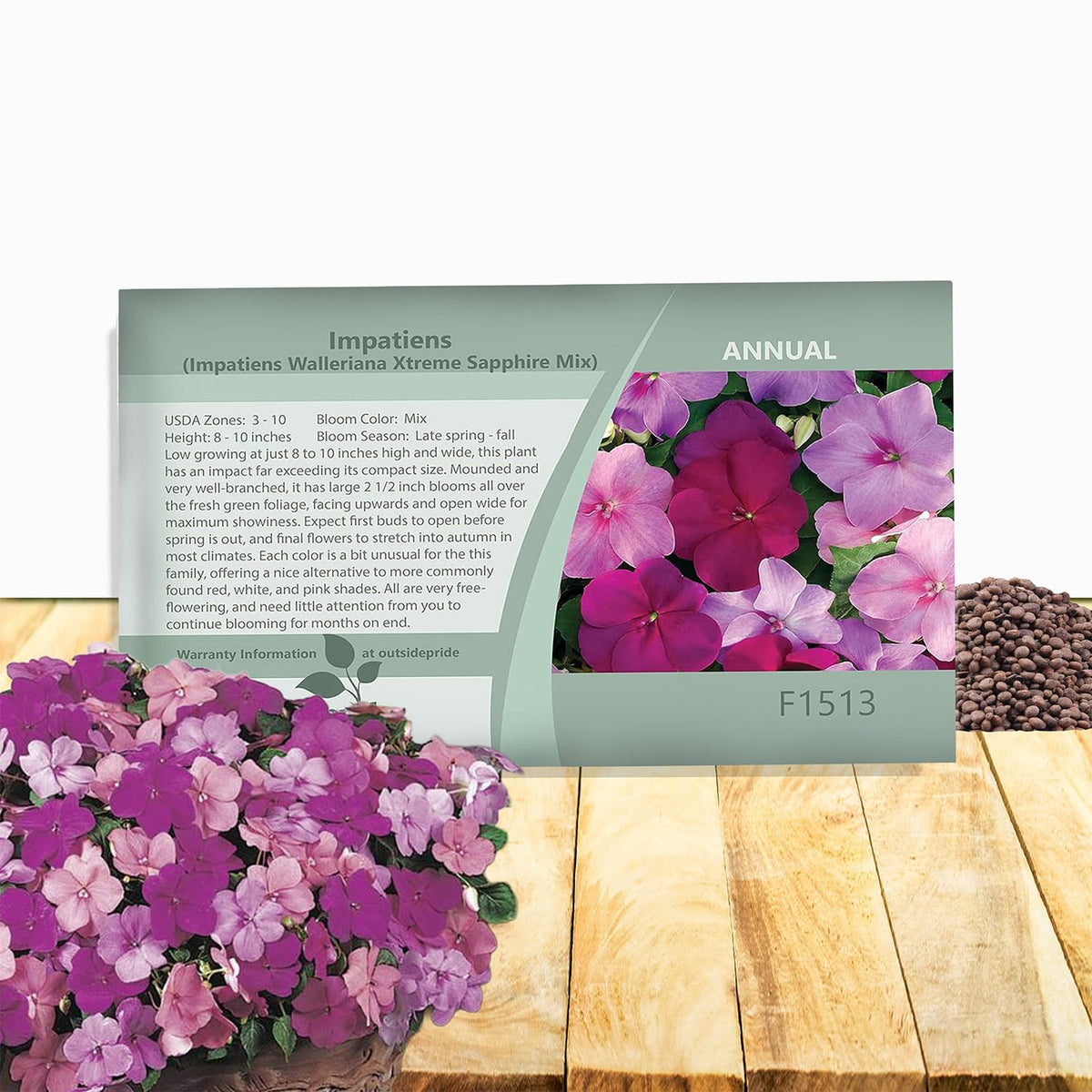 Outsidepride Xtreme Sapphire Mix Impatiens seeds pack with vibrant 2.5-inch blooms in shade garden colors