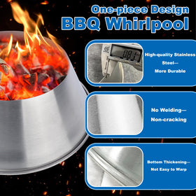 Charcoal burn efficiency improves with the OutSpark cone for reduced fuel use.
