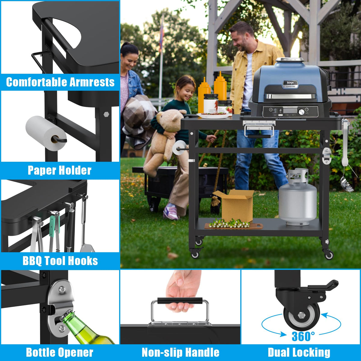 Outspark Grill Stand double-tier design offers extra storage space.