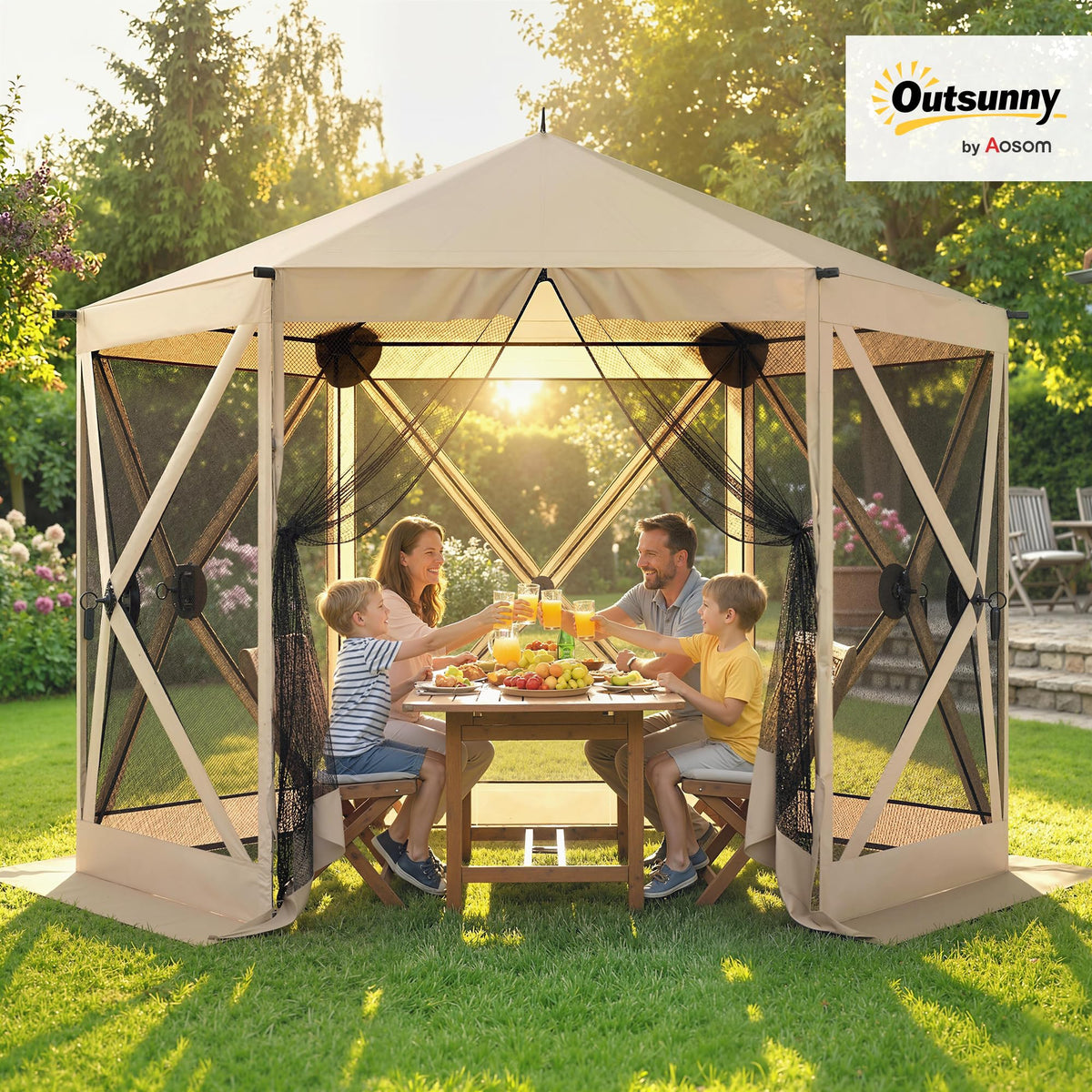 Outsunny 10x11 pop up gazebo spacious area shows room for 6-8 guests.