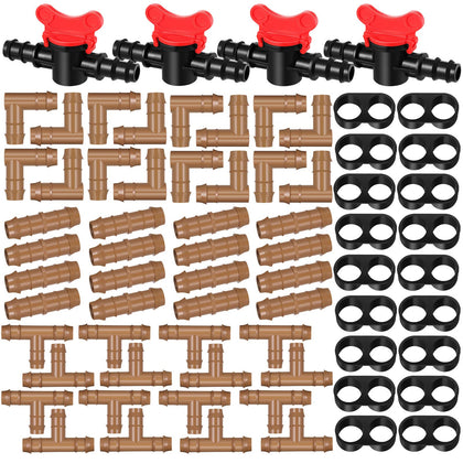 Outus 68-piece drip fittings kit with switches and tees for leak-proof garden irrigation.