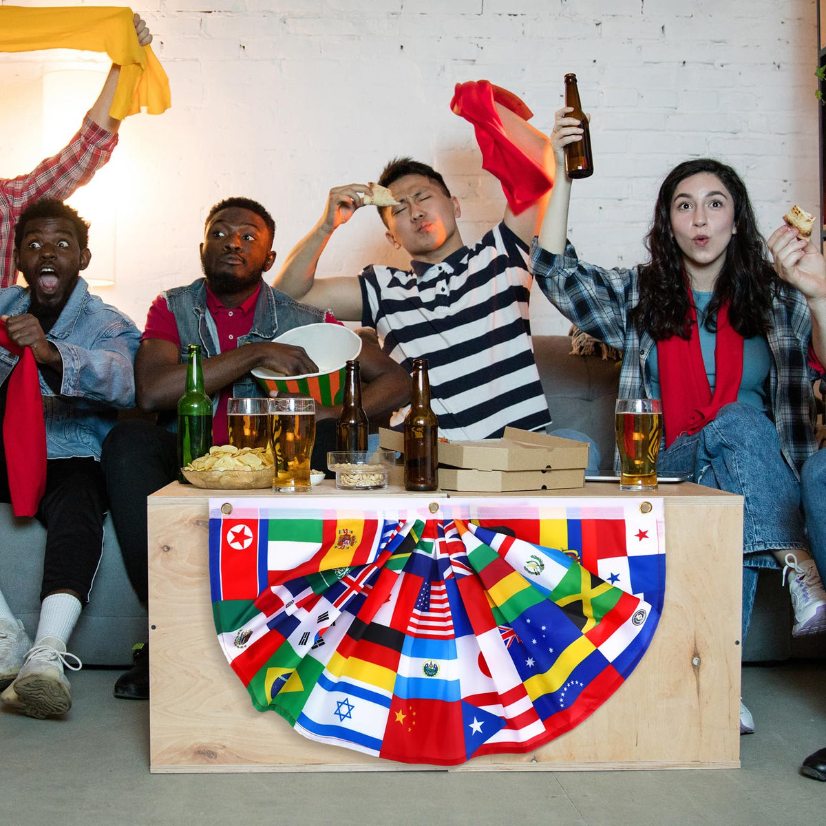 Outus global celebration bunting boosts world-theme ambiance.
