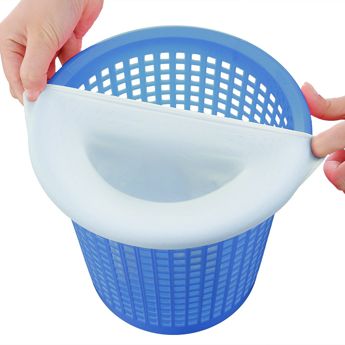 Outus white nylon filter socks on skimmer basket in a pool setup.
