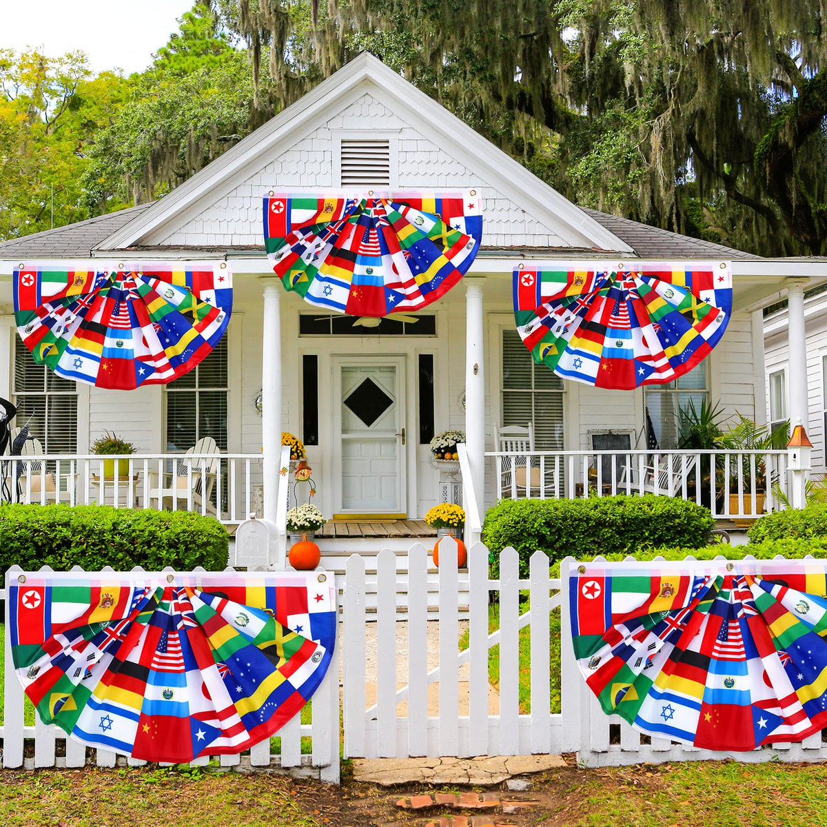 Outus world flag banner with three reinforced grommets for easy hanging.