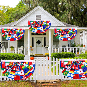 Outus world flag banner with three reinforced grommets for easy hanging.