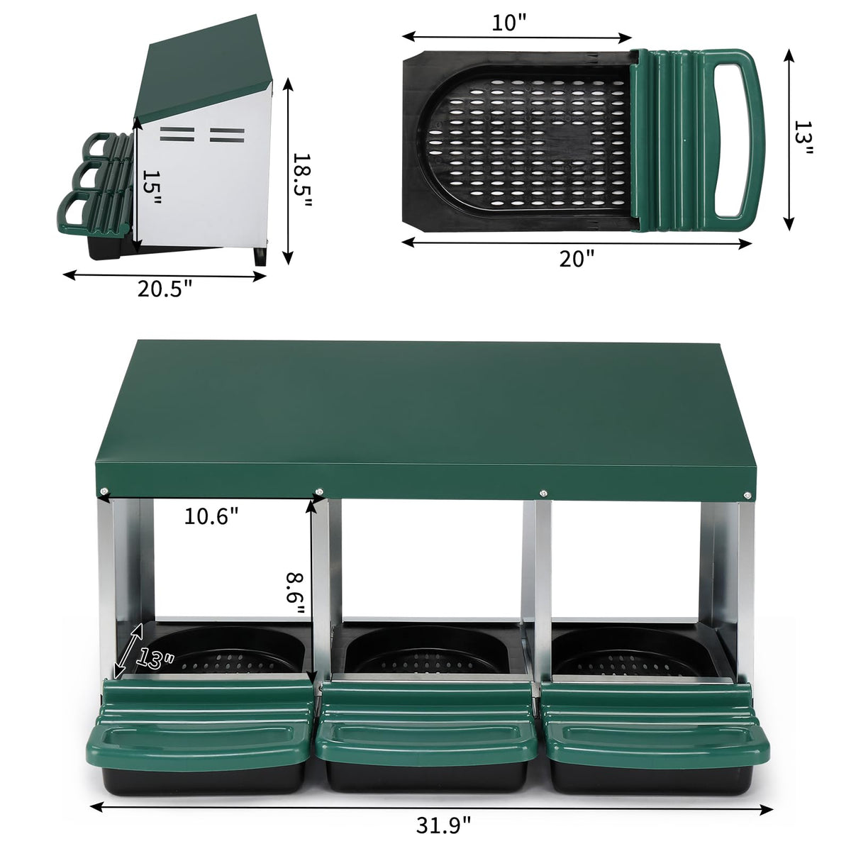 Outvita galvanized steel nesting box resists dirt and cleans easily.