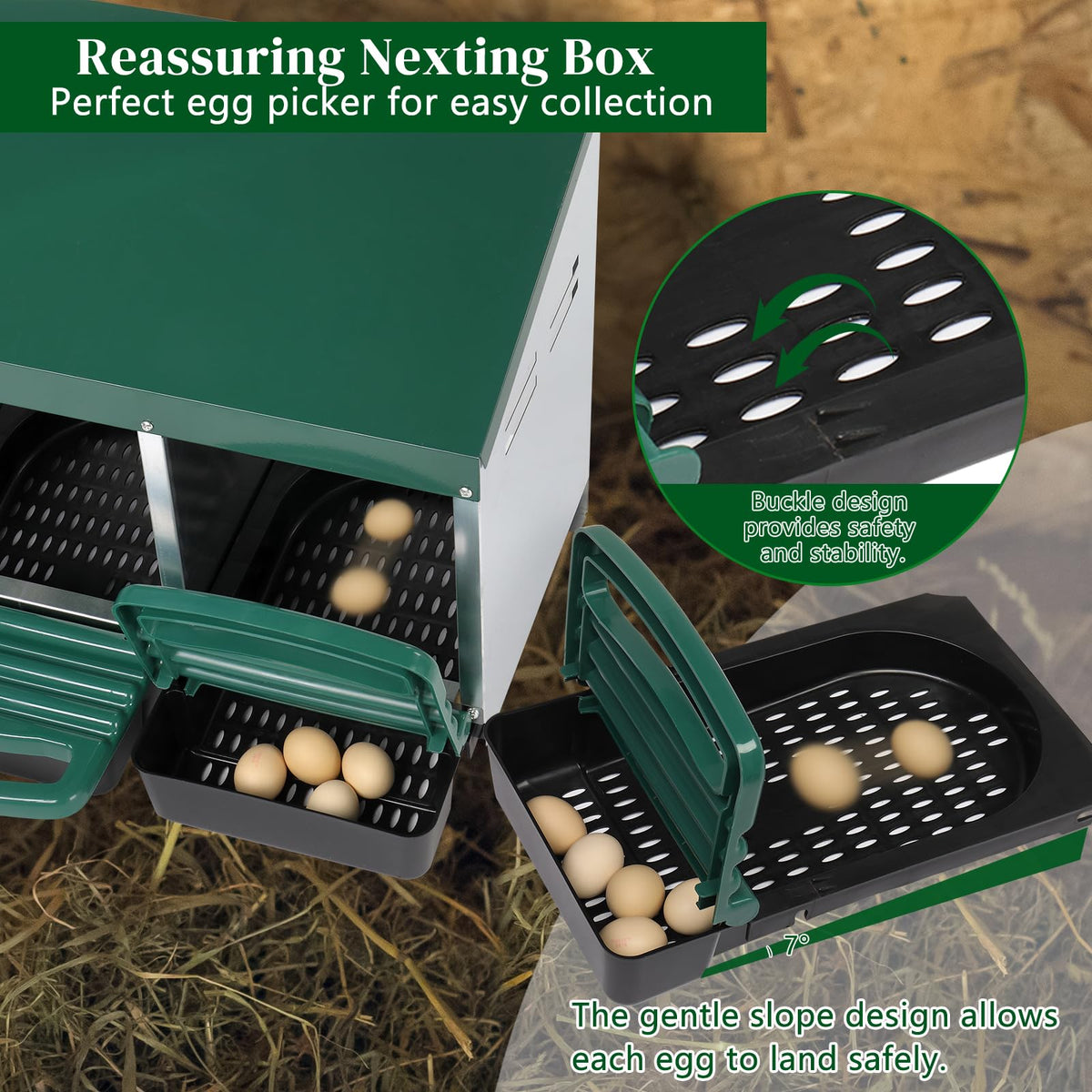 Outvita nest box front view highlights private laying space for hens.
