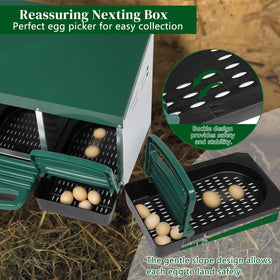 Outvita nest box front view highlights private laying space for hens.
