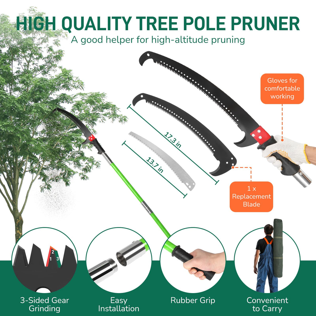 Outvita Pole Saw shows knives and a saw head for versatile cuts.