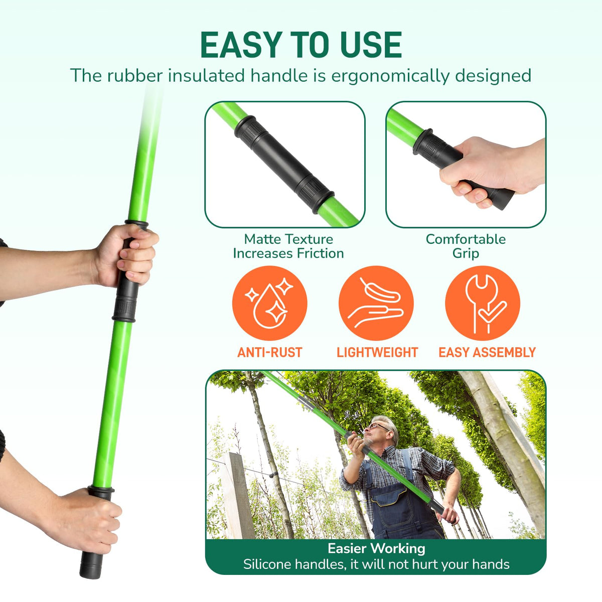 Outvita pulley system enables smooth spring-action pruning of small branches.