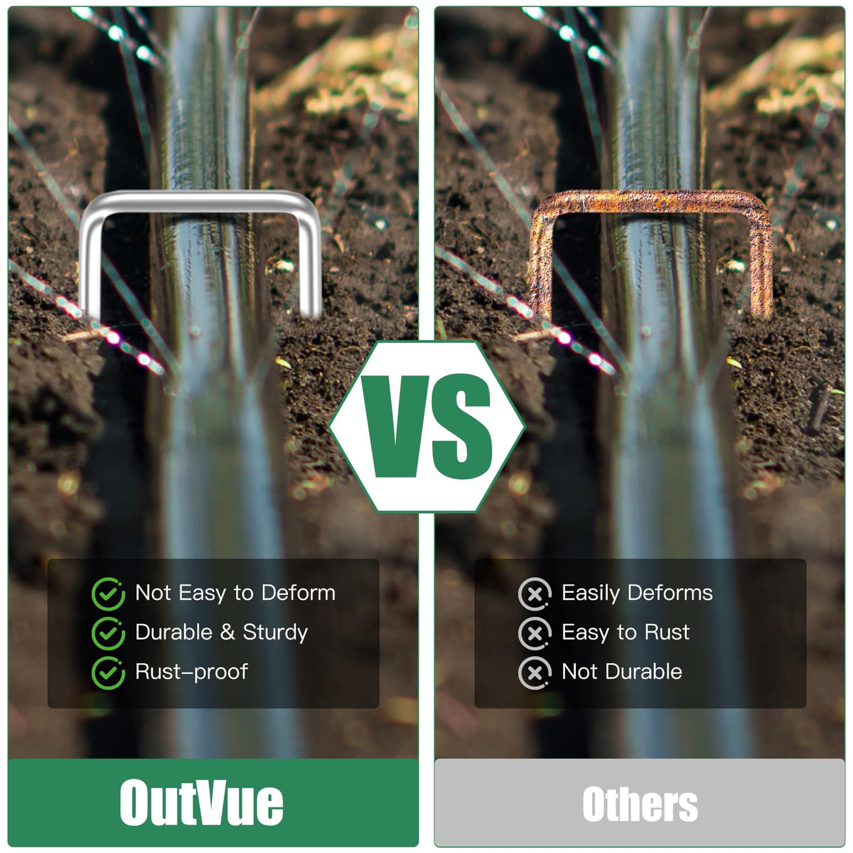 OutVue landscape fabric stake keeps decorative fabric in place and neat.