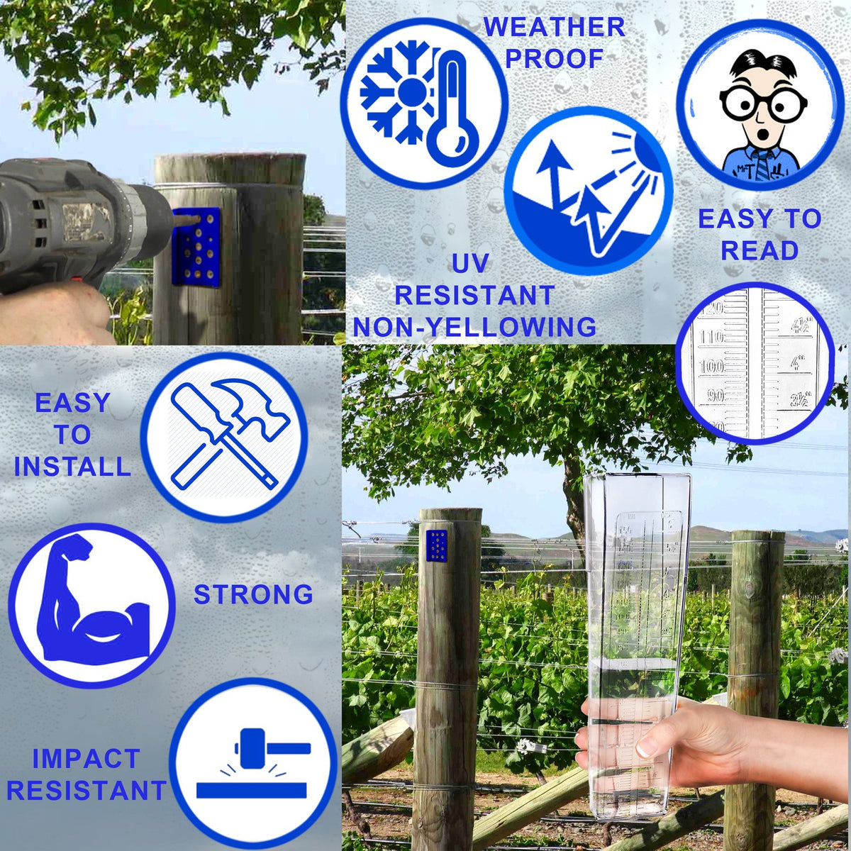 OUTWEST TRADING rain gauge dual-scale detail, marks in inches and millimeters for precise rainfall tracking.