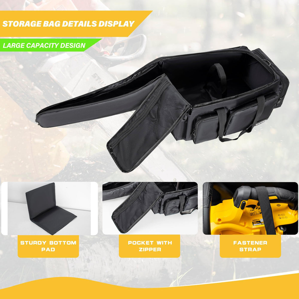 OUUTMEE chainsaw case large capacity stores batteries and oils.