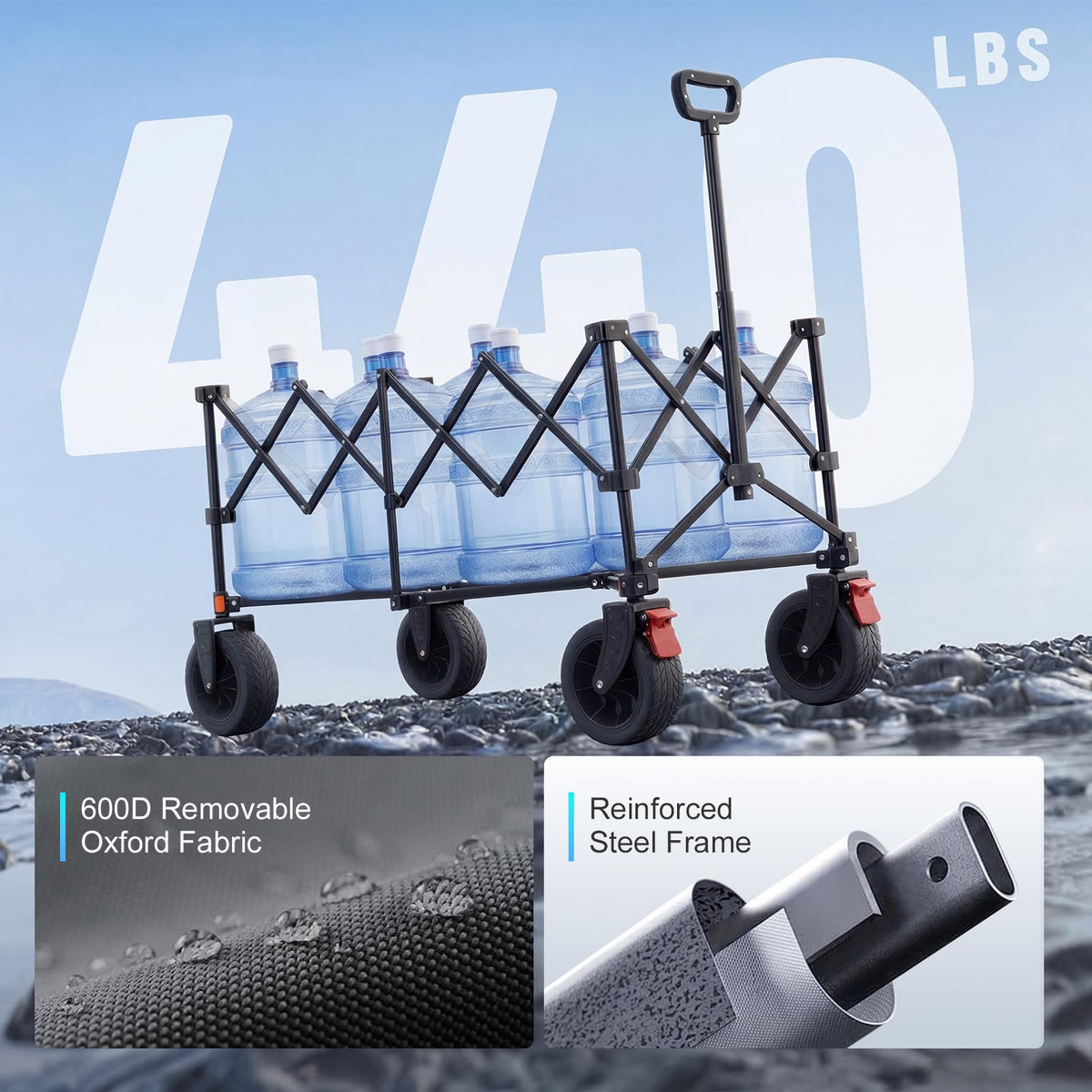 Overmont all-terrain wheels stabilize movement across sand, grass, and gravel.