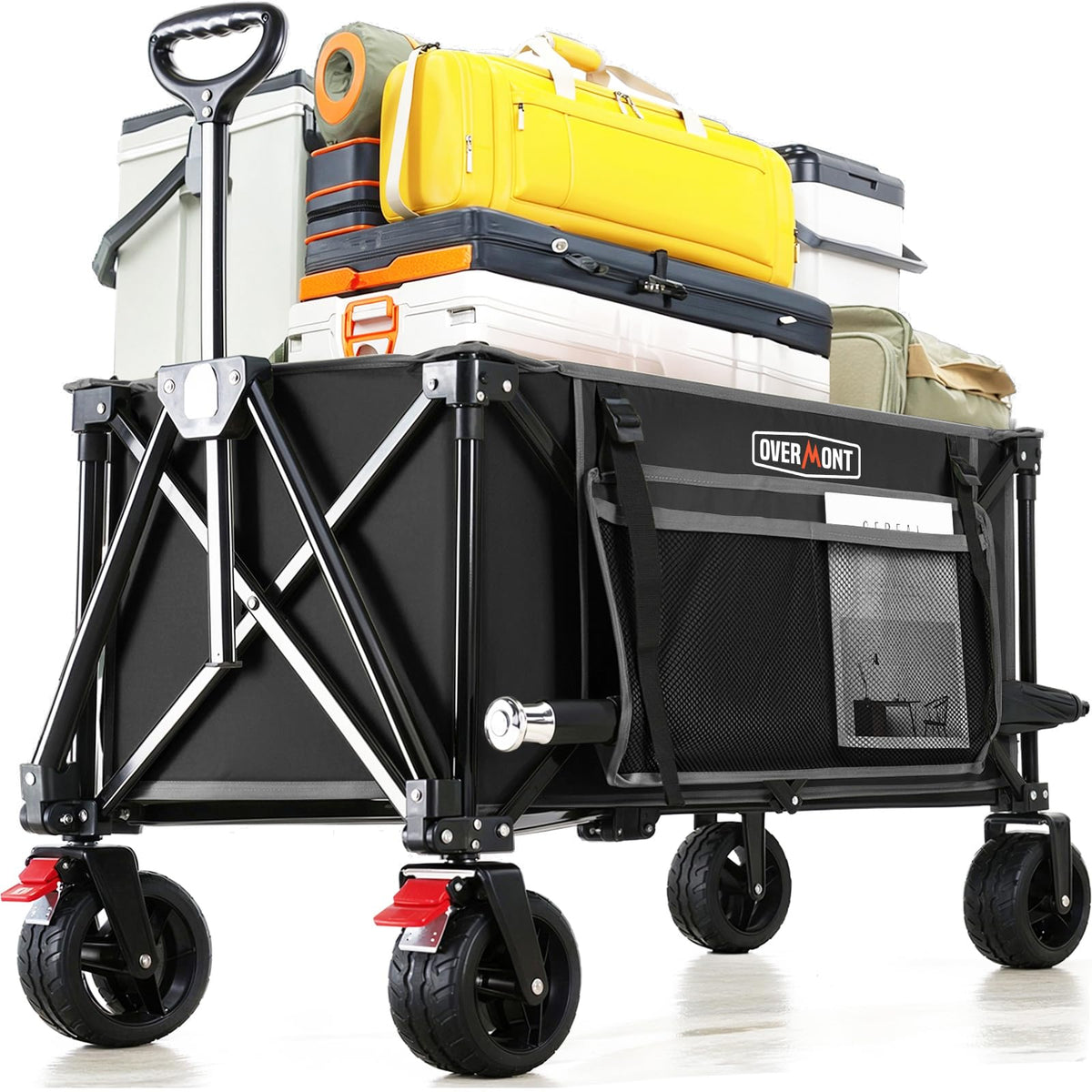 Overmont collapsible wagon assembled for easy gear transport on all terrains.