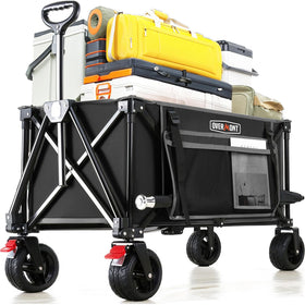 Overmont collapsible wagon assembled for easy gear transport on all terrains.
