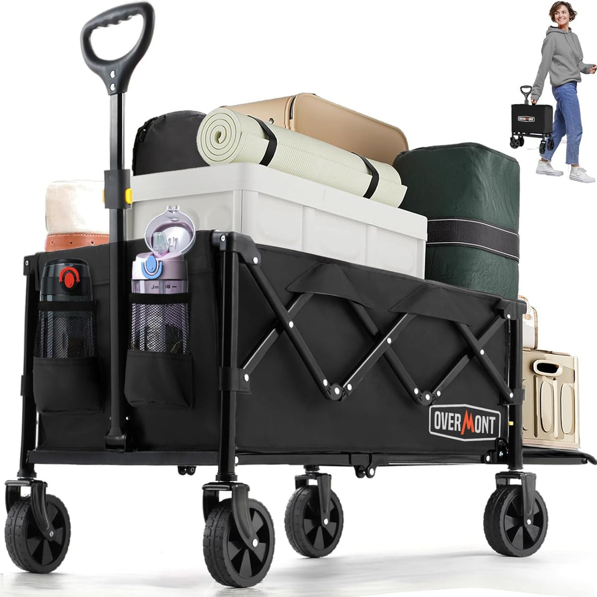 Overmont collapsible wagon tailgate extended cargo space for long items.