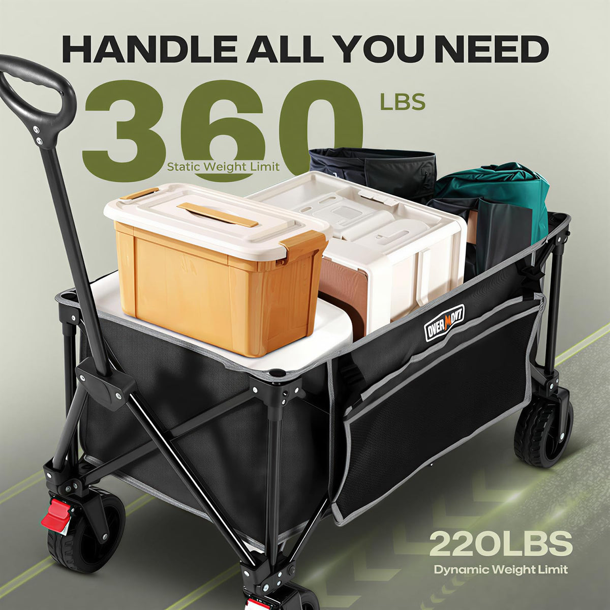 Overmont front brake and swivel wheels for precise control on uneven surfaces.