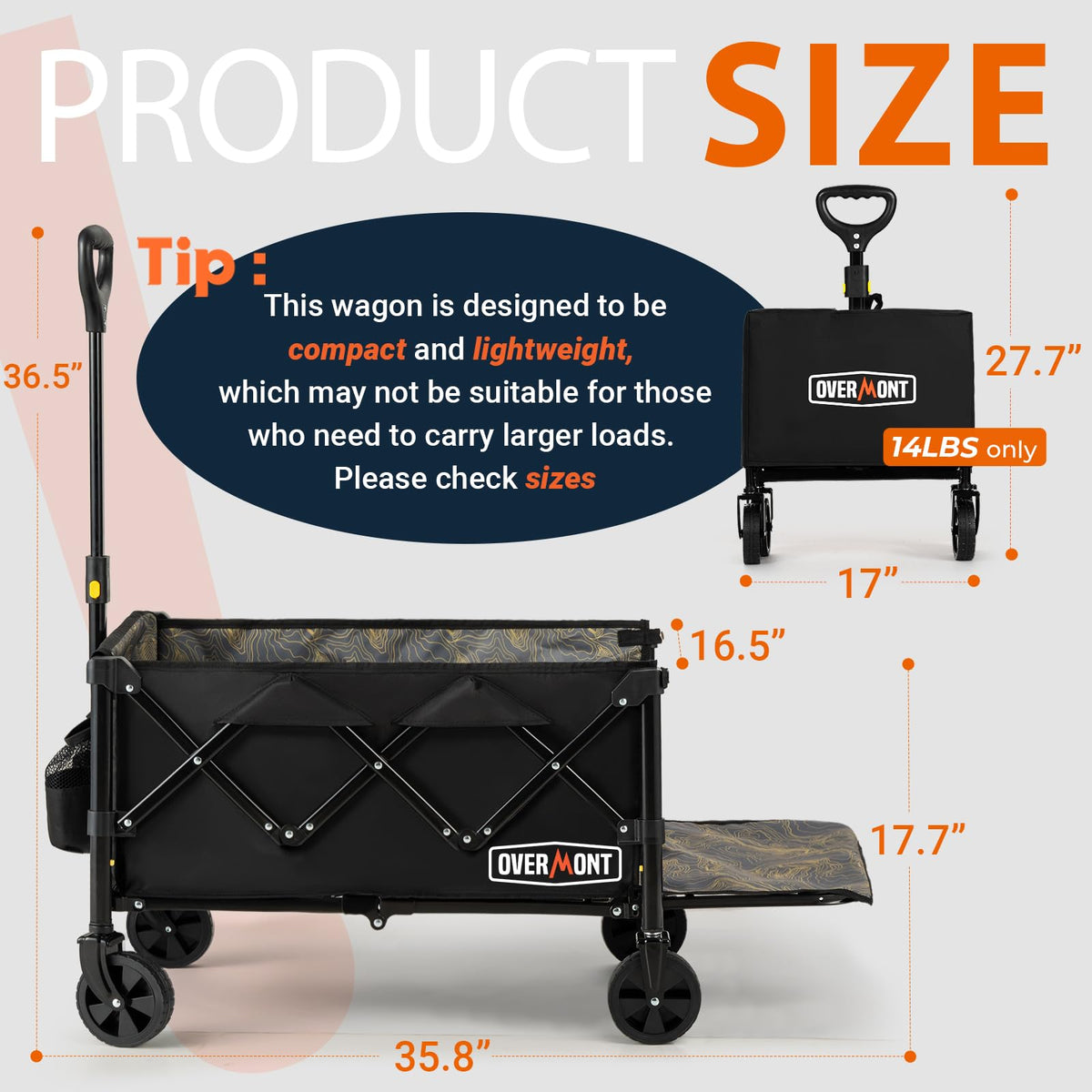 Overmont wagon demonstrates 220 lb capacity for heavy groceries.