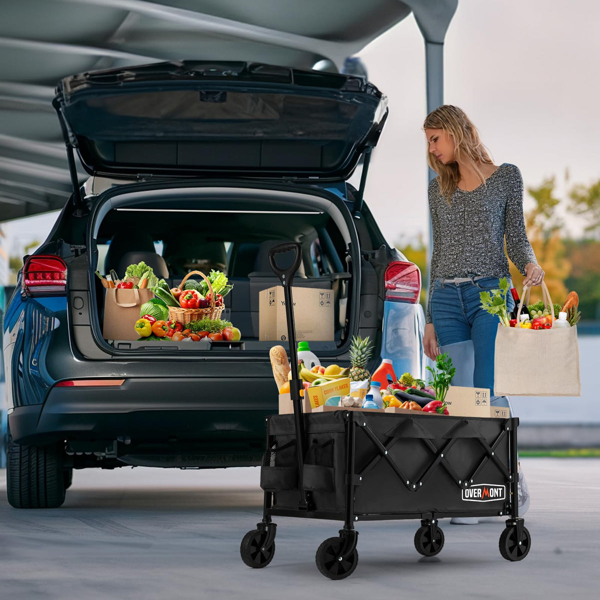 Overmont wagon in use for groceries and garden tasks.
