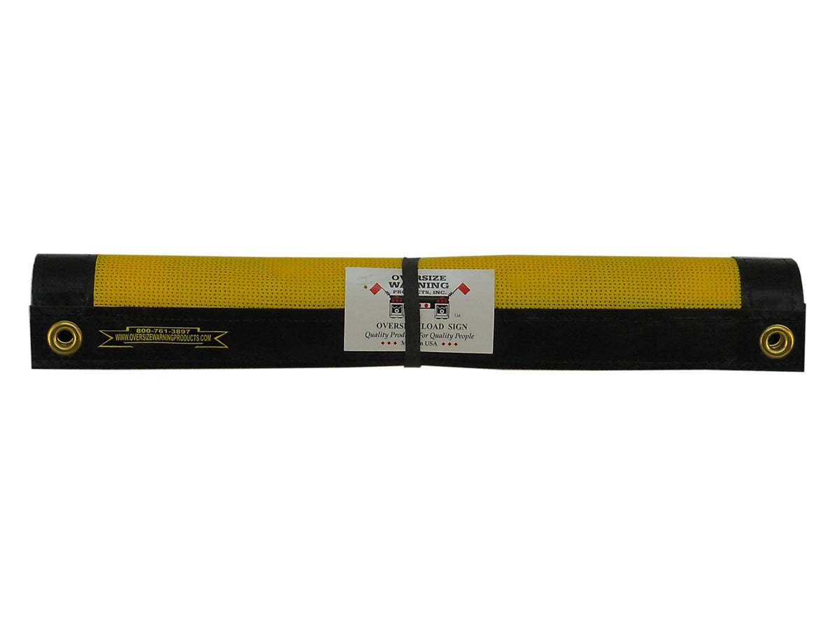 Oversize Warning Products Inc grommet sign attached and secured for roadside visibility.